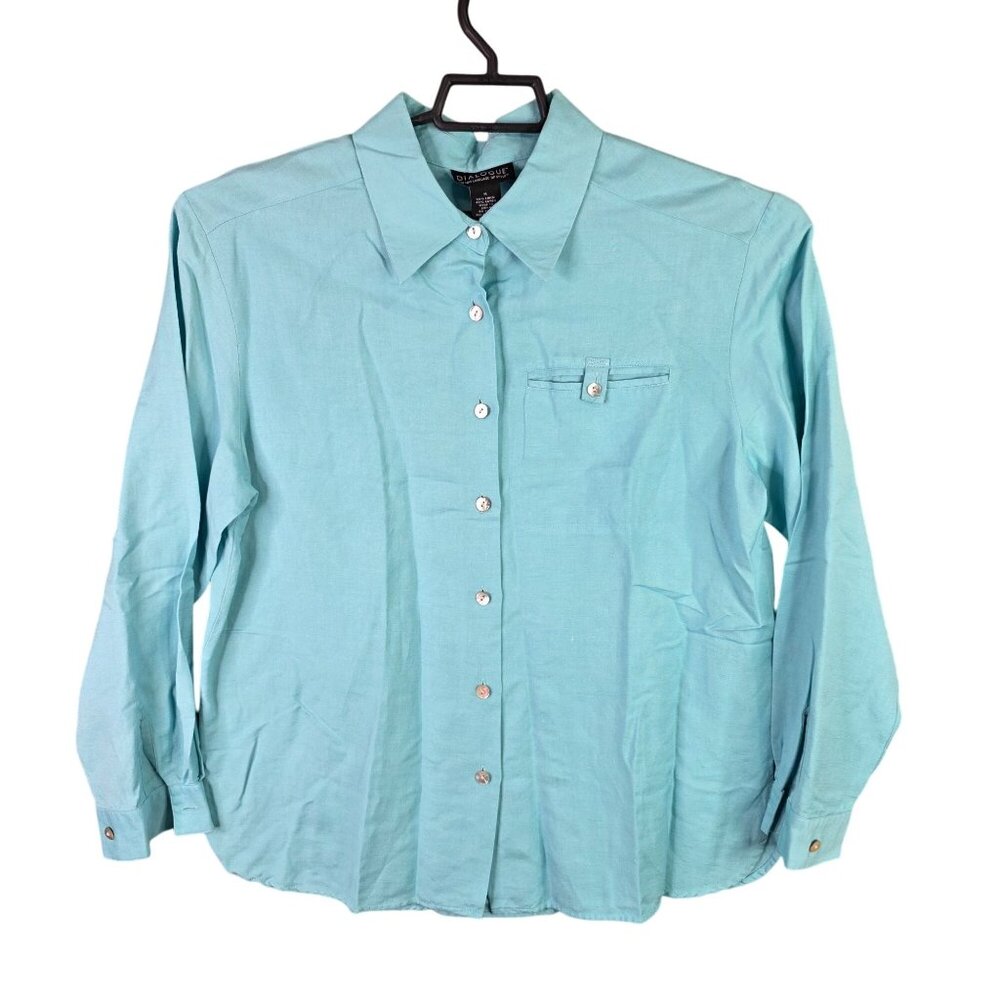 Womens Dialogue Blue Linen Rayon Blend Shirt Button Up Long Sleeve Size M